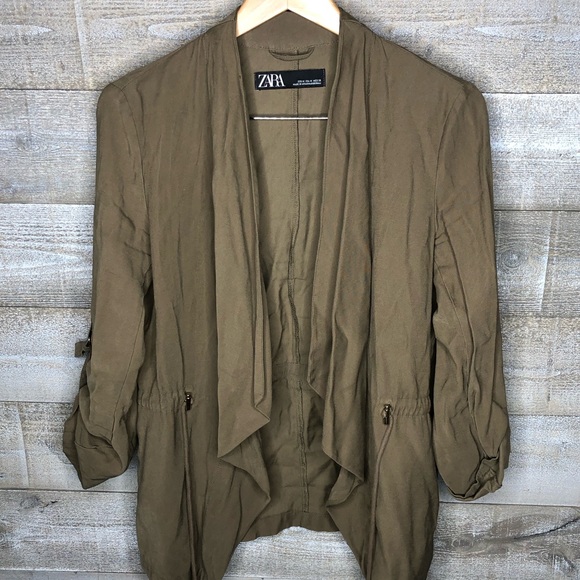Zara olive green military open front drape military jacket medium - Picture 2 of 4
